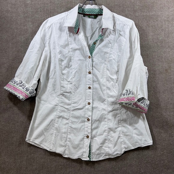 Arido Tops - Arido Women's White Button Down Shirt 3/4 Sleeve Gingham Trim Size 46 us l